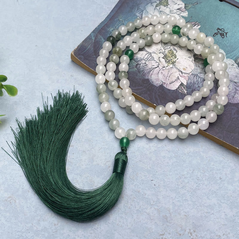 Buddhist Blessing 108 Mala Beads Natural Tianshan Jade Tassel Luck Bracelet