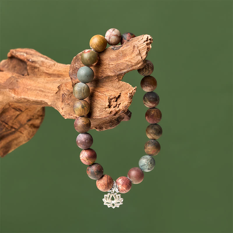 Buddhist Blessing 925 Sterling Silver Lotus Design Picasso Jasper Positive Bracelet
