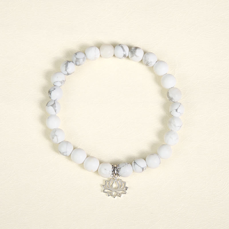 Buddhist Blessing 925 Sterling Silver Lotus Design Natural White Turquoise Wealth Bracelet