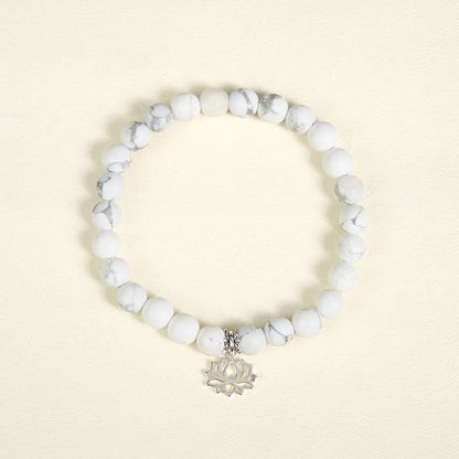 Buddhist Blessing 925 Sterling Silver Lotus Design Natural White Turquoise Wealth Bracelet