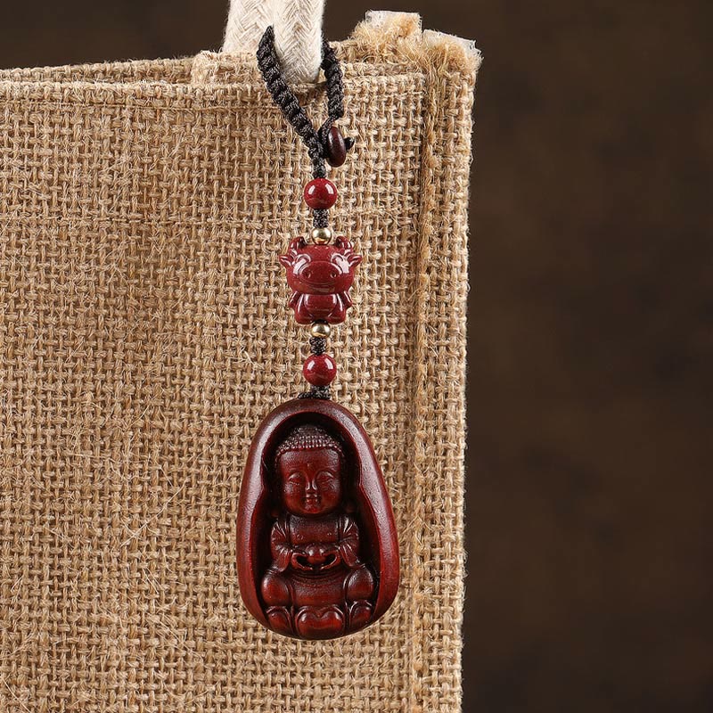 Buddhist Blessing Small Leaf Red Sandalwood Buddha Cinnabar Chinese Zodiac Amulet Protection Key Chain