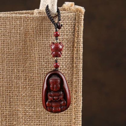 Buddhist Blessing Small Leaf Red Sandalwood Buddha Cinnabar Chinese Zodiac Amulet Protection Key Chain