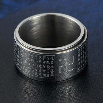 Buddhist Blessing Heart Sutra Swastika Titanium Steel Luck Rotatable Ring