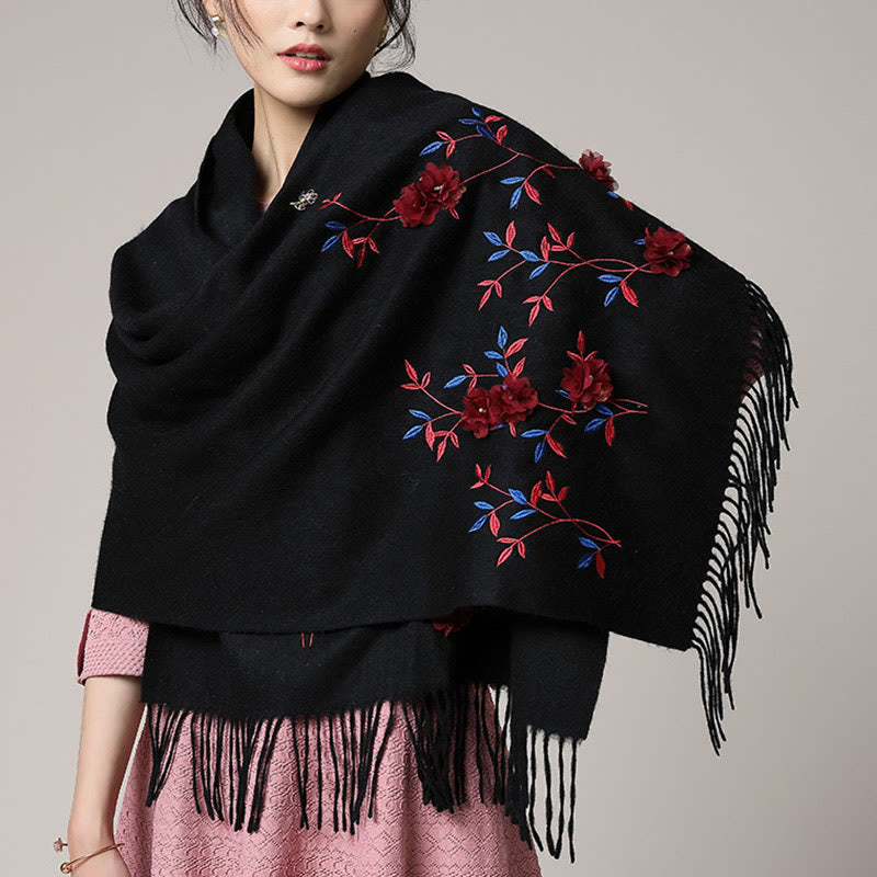 Buddhist Blessing Wool Shawl 3D Floral Embroidery Tassel Winter Cozy Travel Scarf Wrap