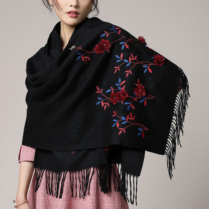 Buddhist Blessing Wool Shawl 3D Floral Embroidery Tassel Winter Cozy Travel Scarf Wrap
