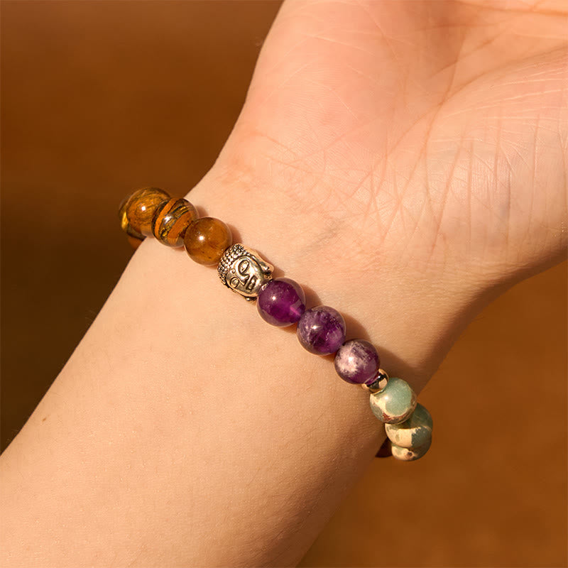 Buddhist Blessing Natural Black Onyx White Stone Green Aventurine Tiger Eye Agate Mixed Color Buddhist Blessing  Head Protection Bracelet