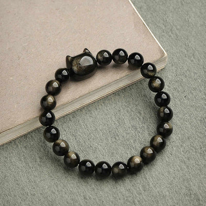 Buddhist Blessing Gold Sheen Obsidian Silver Sheen Obsidian Lovely Paw Lucky Cat Protection Bracelet