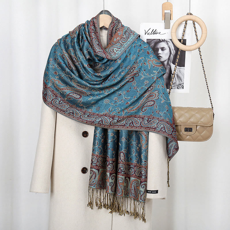 Buddhist Blessing Tibetan Cashew Flower Vine Print Tassels Shawl Fall Winter Soft Scarf Wrap