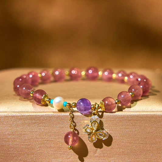 Buddhist Blessing Natural Strawberry Quartz Green Strawberry Quartz Butterfly Charm Love Bracelet