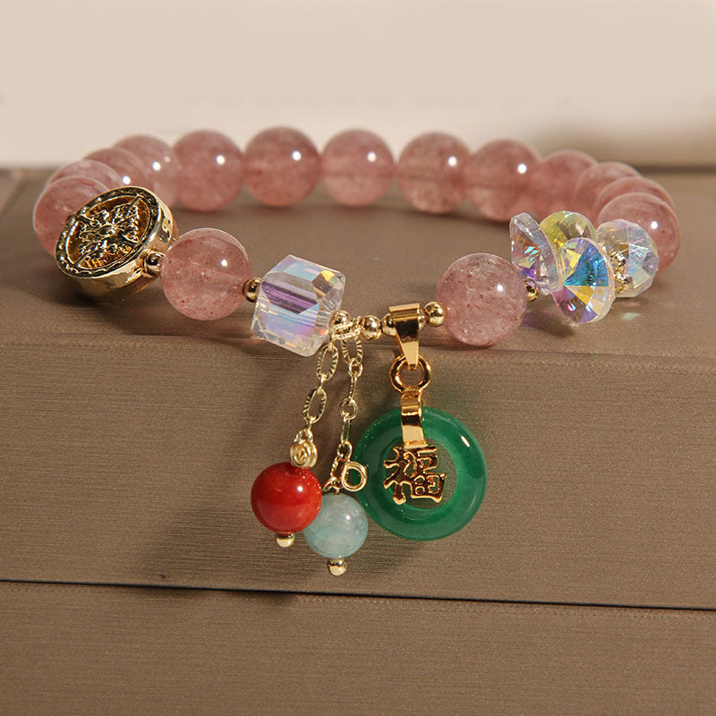 Buddhist Blessing Strawberry Quartz Jade Fu Character Charm Healing Bracelet