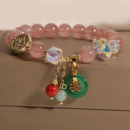 Buddhist Blessing Strawberry Quartz Jade Fu Character Charm Healing Bracelet