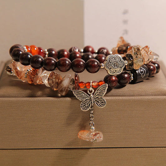 Buddhist Blessing Natural Rutilated Quartz Small Leaf Red Sandalwood Wealth Butterfly Charm Bracelet