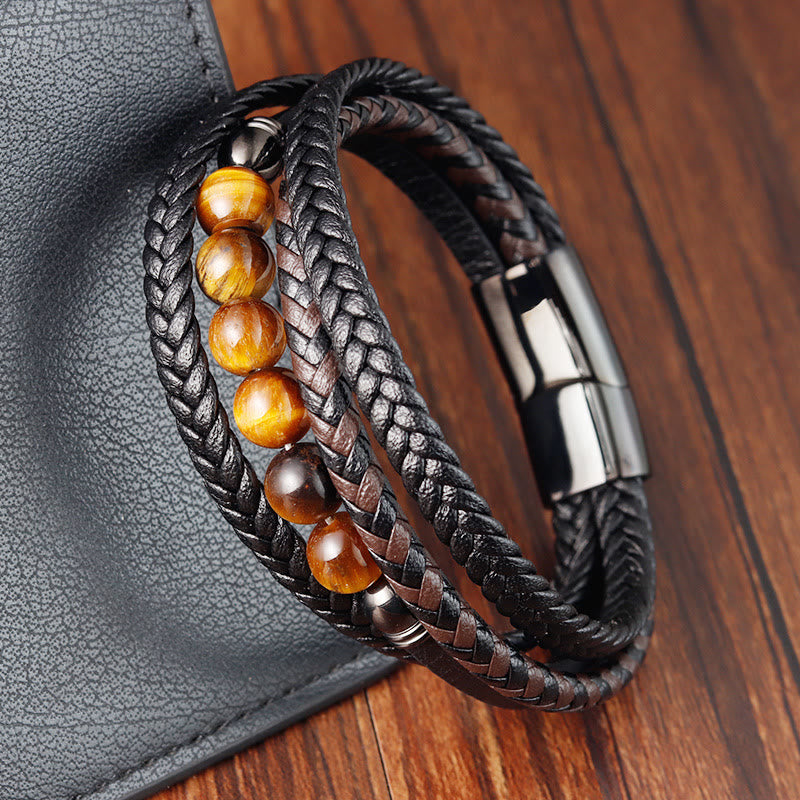 Buddhist Blessing Tiger Eye Stone Protection Leather Bracelet