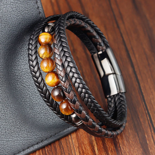 Buddhist Blessing Tiger Eye Stone Protection Leather Bracelet