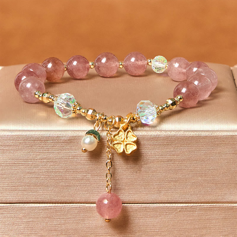 Buddhist Blessing Natural Strawberry Quartz Four Leaf Clover Healing Bracelet