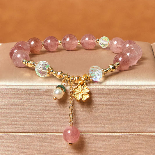 Buddhist Blessing Natural Strawberry Quartz Four Leaf Clover Healing Bracelet