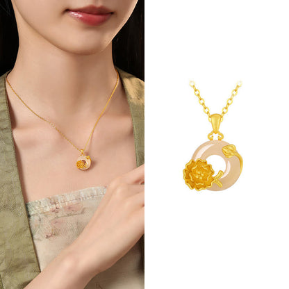Buddhist Blessing Chalcedony 925 Sterling Silver Peace Buckle Flowers Necklace Pendant