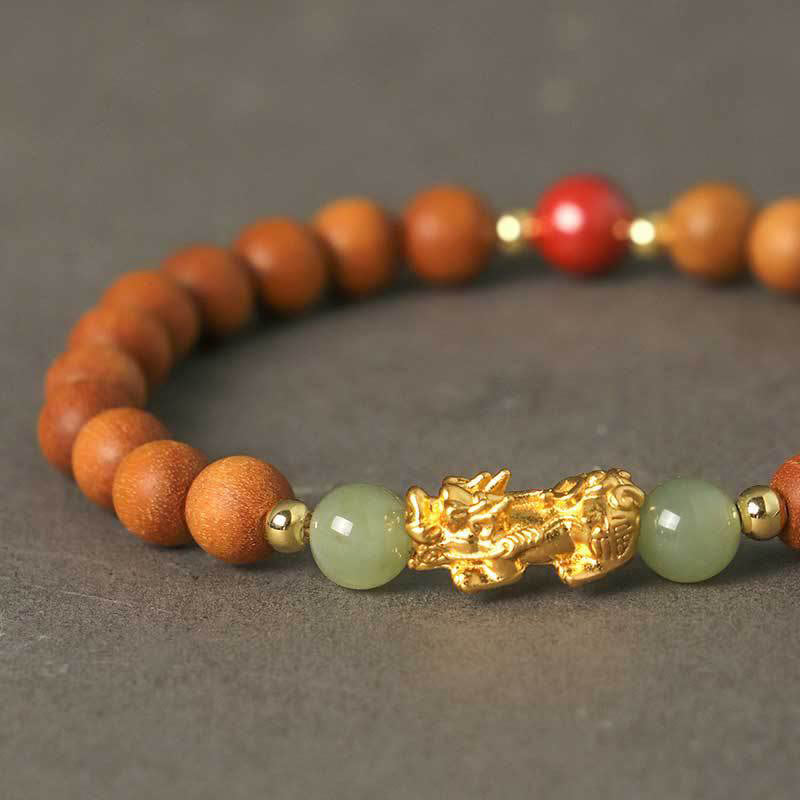 Buddhist Blessing 999 Sterling Silver Sandalwood Ebony Wood Small Leaf Red Sandalwood Hetian Jade Cinnabar PiXiu Wealth Bracelet