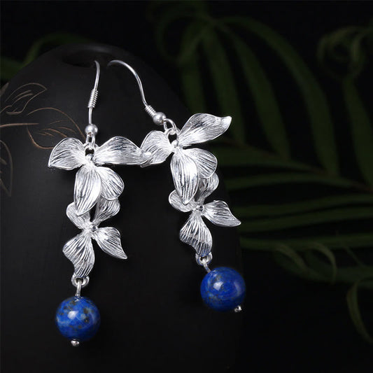 Buddhist Blessing 925 Sterling Silver Lazurite Ethnic Style Flower Positive Drop Earrings