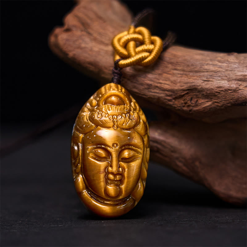 Buddhist Blessing Tiger Eye Kwan Yin Avalokitesvara Head String Strength Necklace Pendant