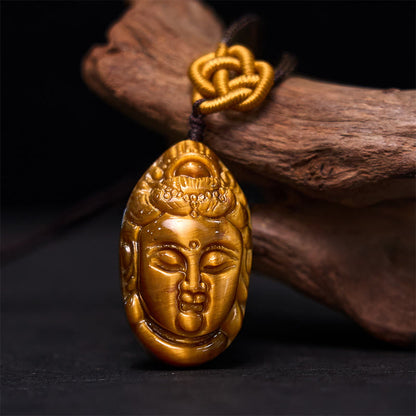 Buddhist Blessing Tiger Eye Kwan Yin Avalokitesvara Head String Strength Necklace Pendant