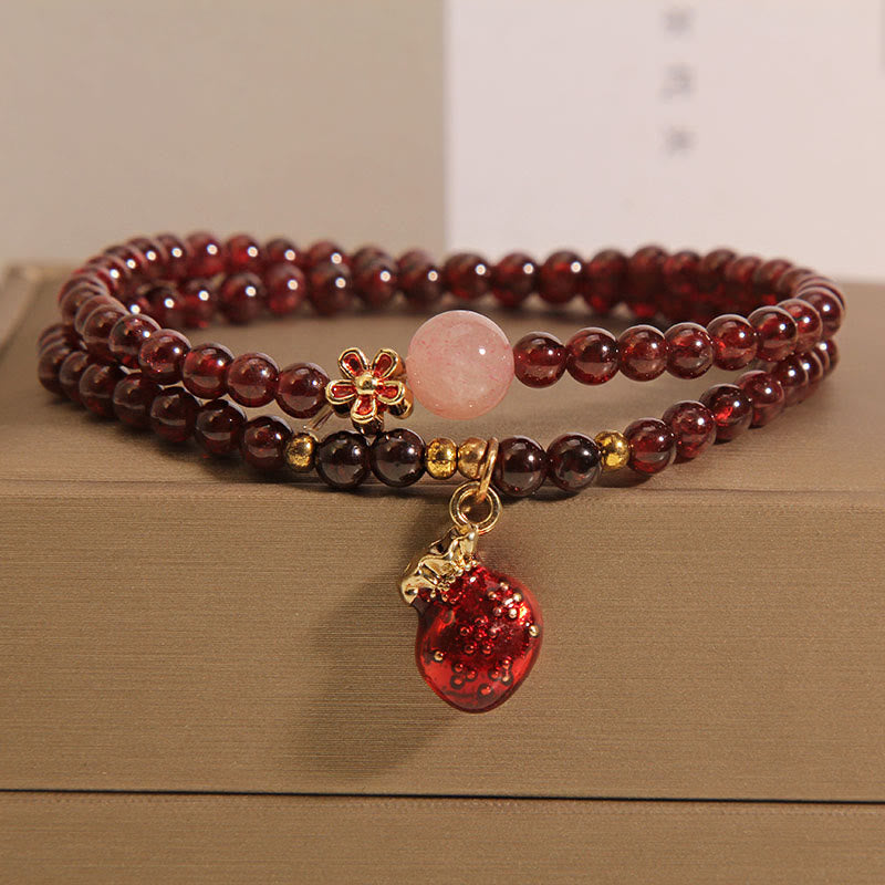 Buddhist Blessing Natural 3mm Ultra-thin Garnet Rose Quartz Beads Money Bag Bell Flower Protection Bracelet