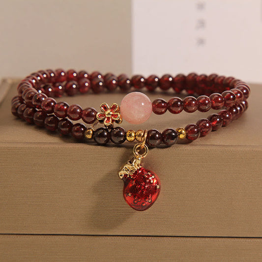 Buddhist Blessing Natural 3mm Ultra-thin Garnet Rose Quartz Beads Money Bag Bell Flower Protection Bracelet
