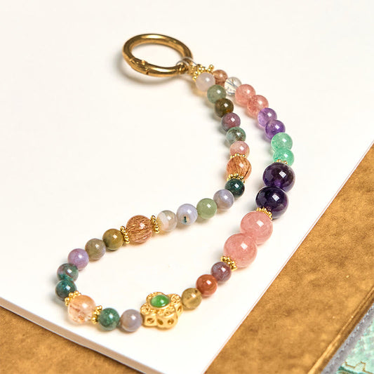 Buddhist Blessing Natural Tourmaline Strawberry Quartz Amethyst Positive Key Chain Phone Hanging Decoration