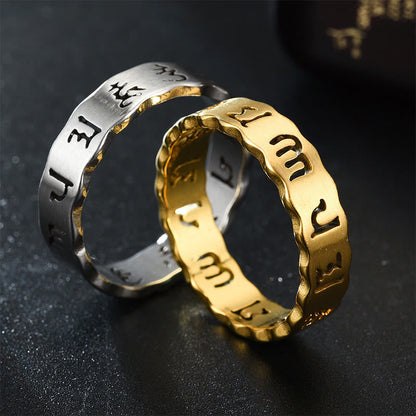 Buddhist Blessing Tibetan Hollow Om Mani Padme Hum Titanium Steel Balance Ring