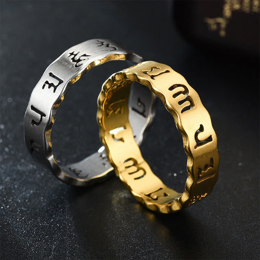 Buddhist Blessing Tibetan Hollow Om Mani Padme Hum Titanium Steel Balance Ring