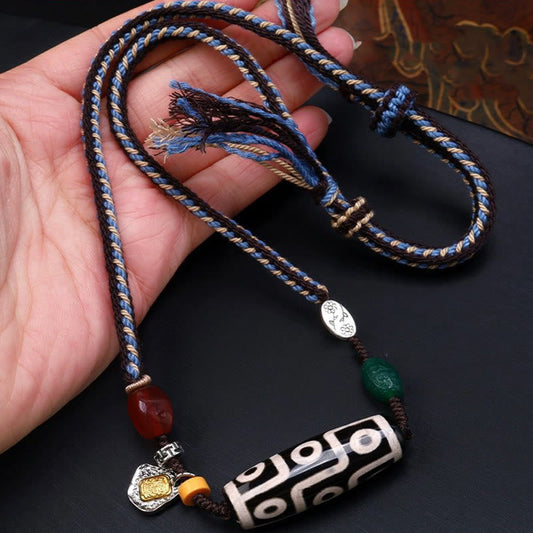 Buddhist Blessing Tibetan Nine-eye Dzi Bead Protection Braided Rope Necklace Pendant
