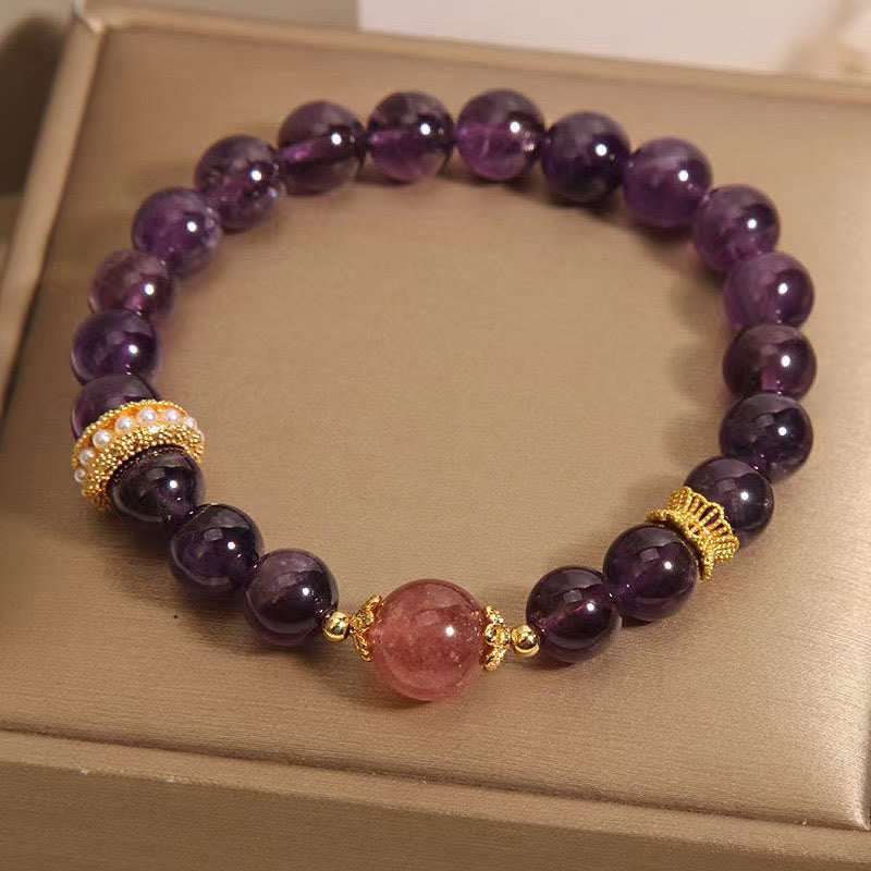 Buddhist Blessing Natural Amethyst Lucky Strawberry Quartz Beads Peace Bracelet