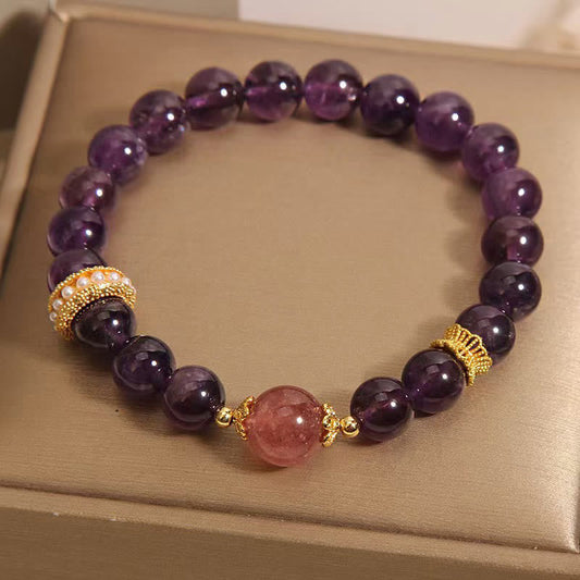 Buddhist Blessing Natural Amethyst Lucky Strawberry Quartz Beads Peace Bracelet