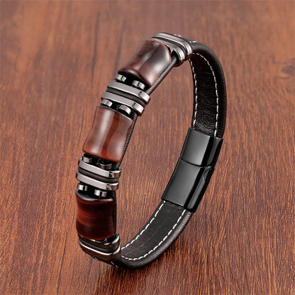Buddhist Blessing Tiger Eye Three Bamboo Stone Protection Power Leather Bracelet