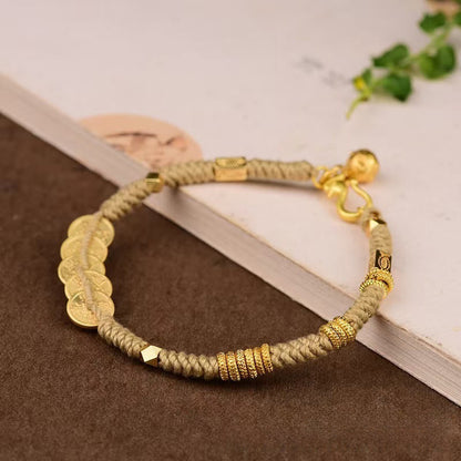 Buddhist Blessing Handmade Five Emperor Coins Wealth String Braided Bracelet