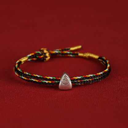 Buddhist Blessing 925 Sterling Silver Fu Character Luck Multicolored Rope Bracelet