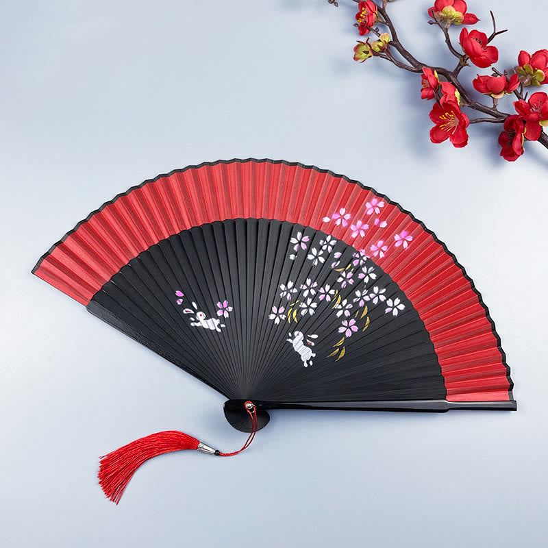 Buddhist Blessing Flower Rabbit Spray Painting Handheld Cotton Linen Fabric Bamboo Folding Fan