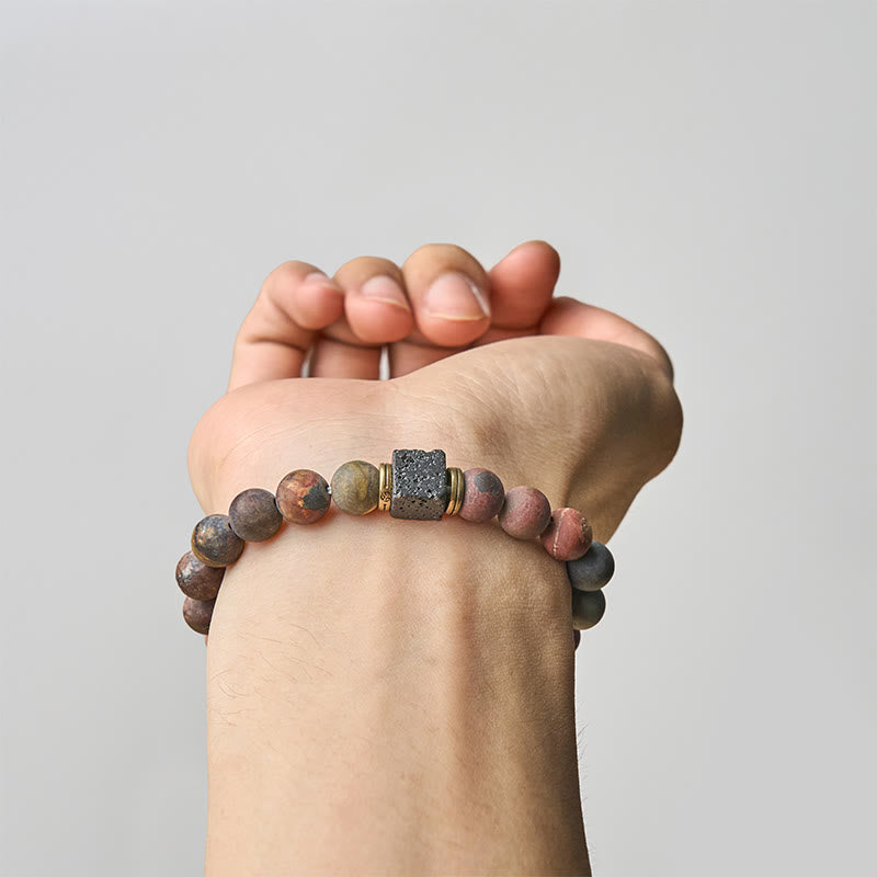Buddhist Blessing Natural Picasso Jasper Square Lava Rock Courage Bracelet