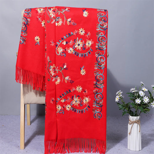 Buddhist Blessing Polyester Shawl Colorful Flower Ethnic Style Embroidery Tassel Winter Cozy Travel Scarf Wrap