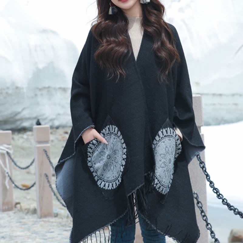 Buddhist Blessing Tibetan Geometric Round Mandala Pattern Tassels Shawl Fall Winter Cozy Scarf Wrap With Pockets