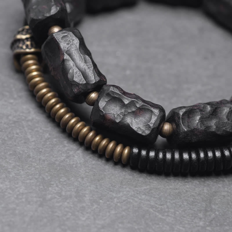 Buddhist Blessing Ebony Wood Copper Brass Red Agate Peace Double Wrap Bracelet