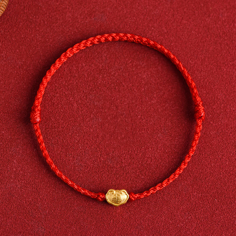 Buddhist Blessing 999 Gold Chinese Lock Charm Fu Character Protection Handmade Rope Bracelet