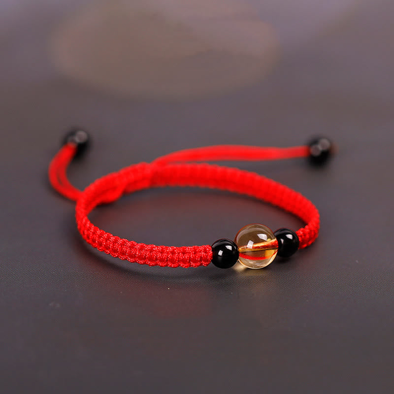 Buddhist Blessing Handcrafted Citrine Black Obsidian Bead King Kong Knot Peace Knot Luck Rope Bracelet