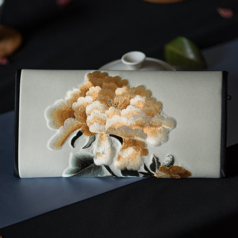 Buddhist Blessing Peony Flower Su Embroidery Journey Shopping Long Purse Handbag