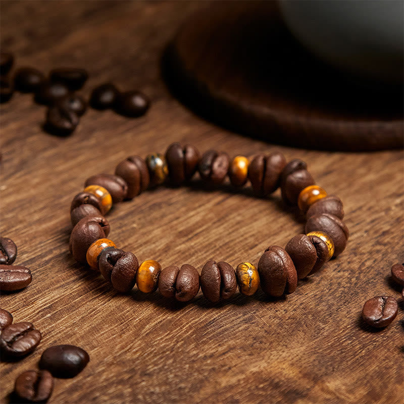 Buddhist Blessing Natural Coffee Beans Tiger Eye Grey Jasper Lava Rock Beads Bracelet