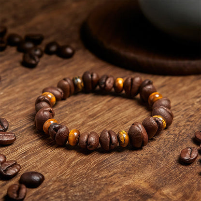 Buddhist Blessing Natural Coffee Beans Tiger Eye Grey Jasper Lava Rock Beads Bracelet