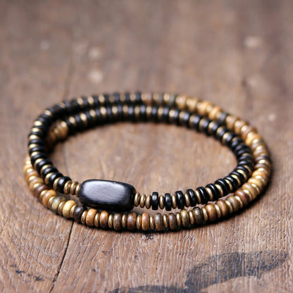 Buddhist Blessing Ebony Wood Green Sandalwood Copper Brass Calm Double Wrap Bracelet