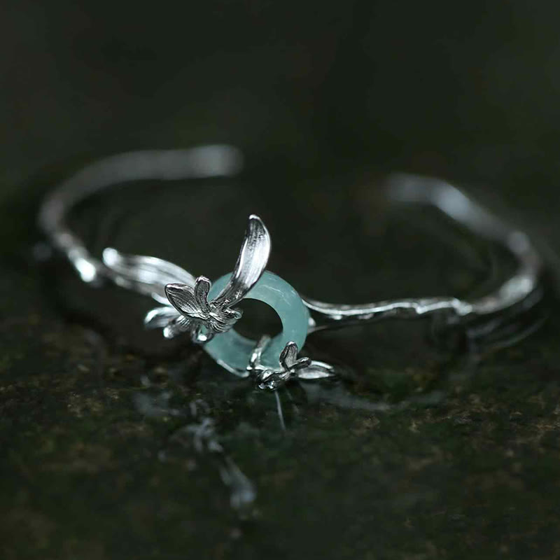 Buddhist Blessing 925 Sterling Silver Iris Peace Buckle Quartzite Jade Protection Bracelet Bangle