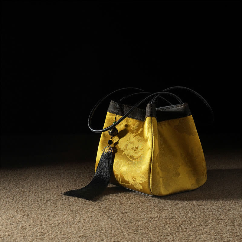 Buddhist Blessing Retro Flower Butterfly Bird Embroidery Bead Tassel Mulberry Silk Jacquard Xiangyunsha Silk Shoulder Bag Hangbags