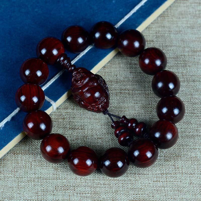Buddhist Blessing Small Leaf Red Sandalwood Laughing Buddha God of Wealth Protection Bracelet